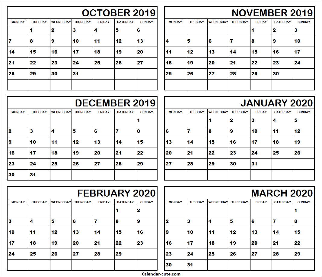 October 2019 to March 2020 Calendar Printable