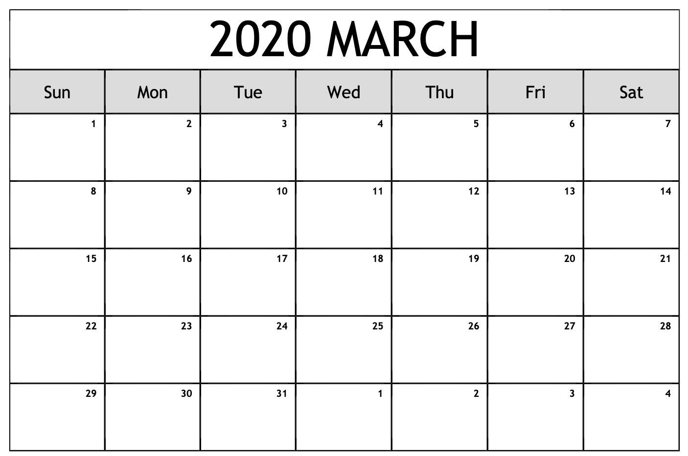 Free Monthly March 2020 Calendar Printable Blank