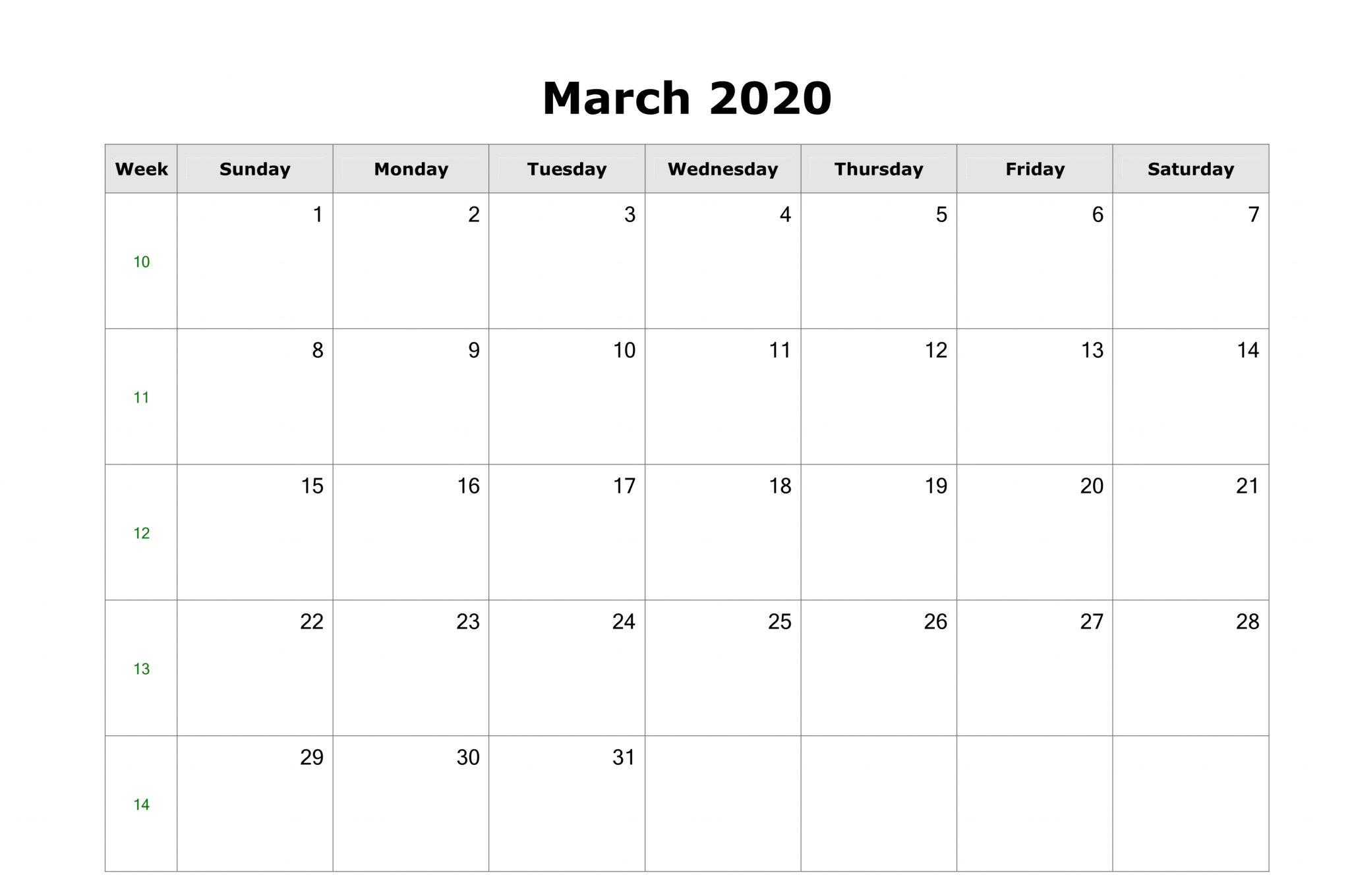 March 2020 Calendar Printable in PDF, Word, Excel