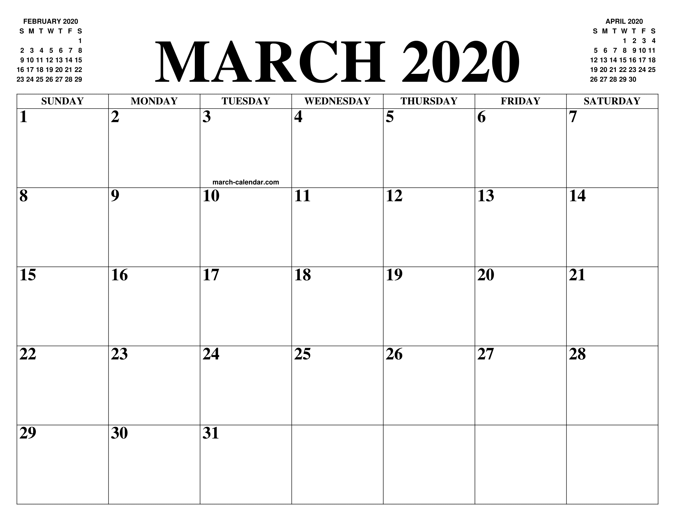March 2020 Calendar Printable With Holidays