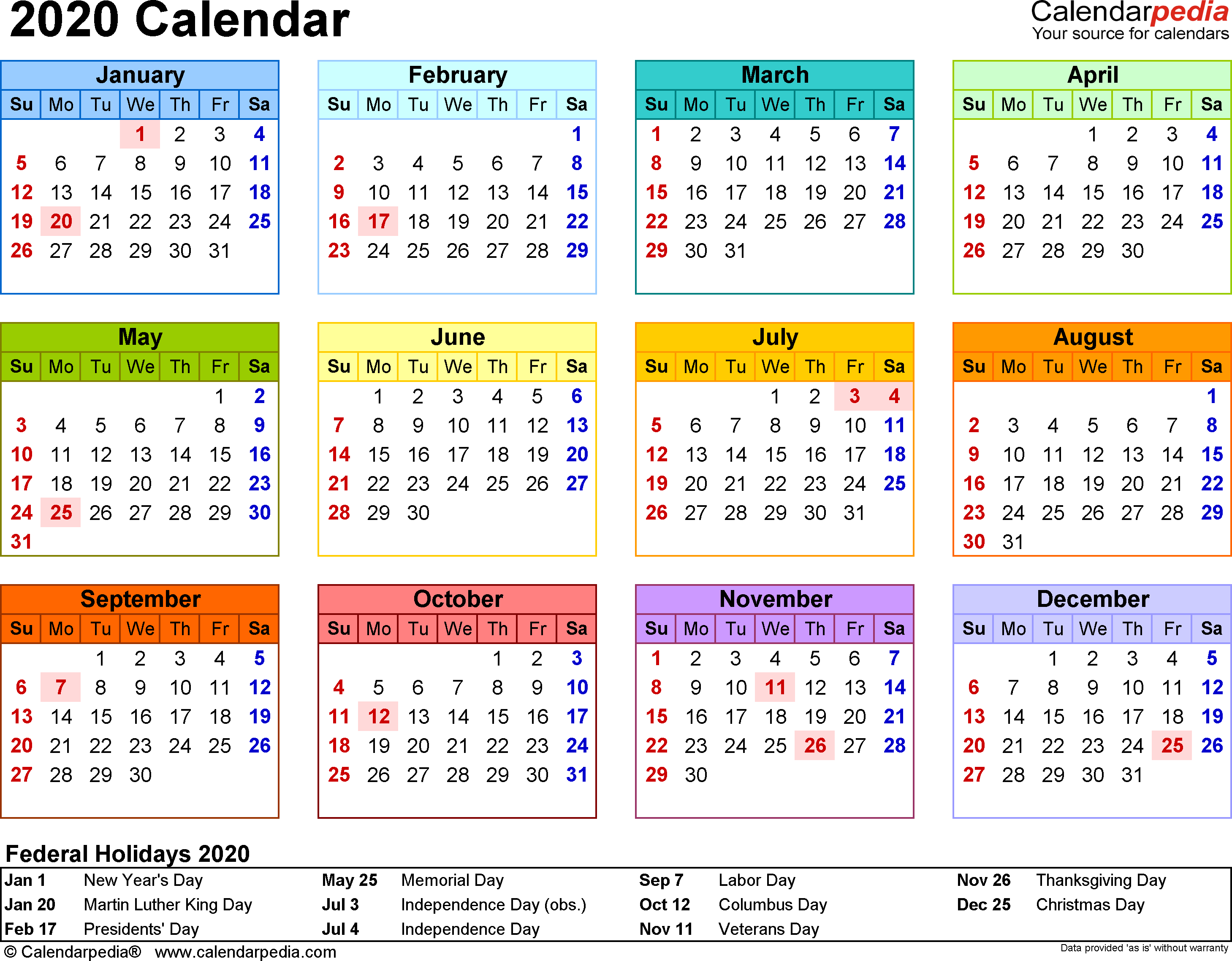 Free Excel Calendar 2020