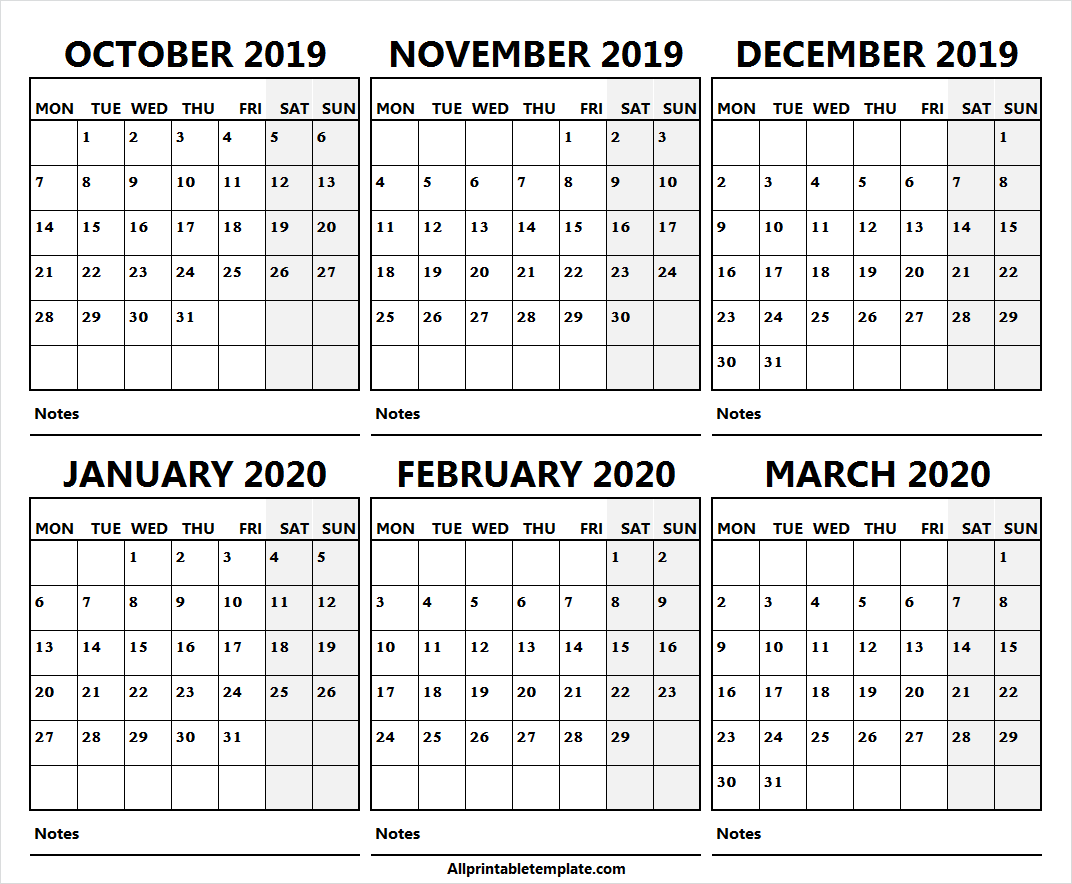 Six Month October 2019 March 2020 Calendar. Yearly Calendar
