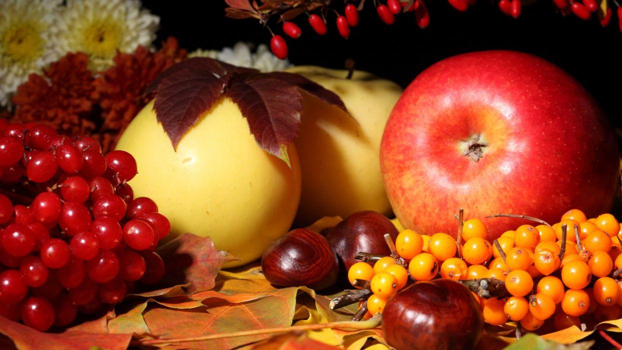 Fruit still life apples berries berry nuts food leaves autumn fall wallpaperx1080