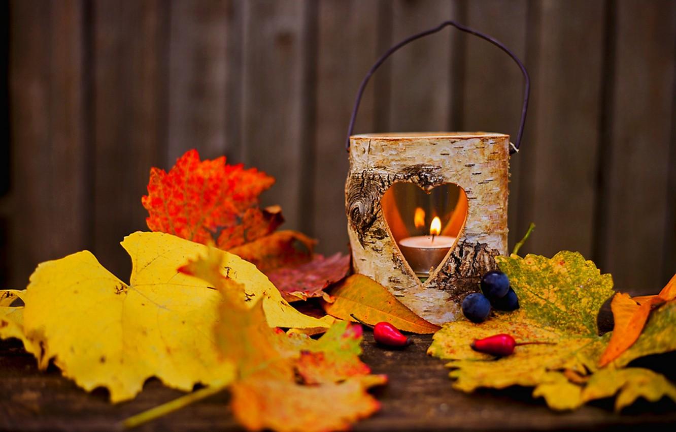 Wallpaper autumn, leaves, love, flame, heart, lamp, lantern