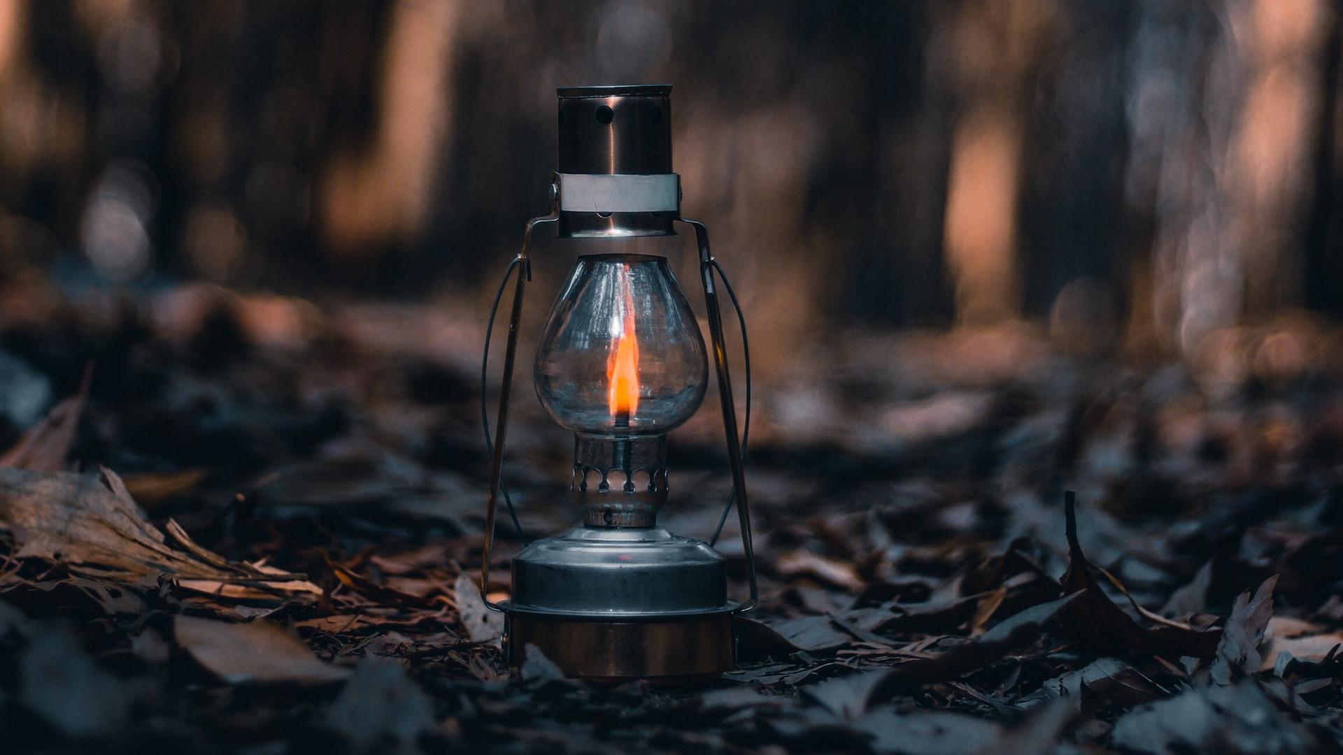Download wallpaper 1920x1080 lamp, lantern, fire, leaves, dry, autumn full hd, hdtv, fhd, 1080p HD background