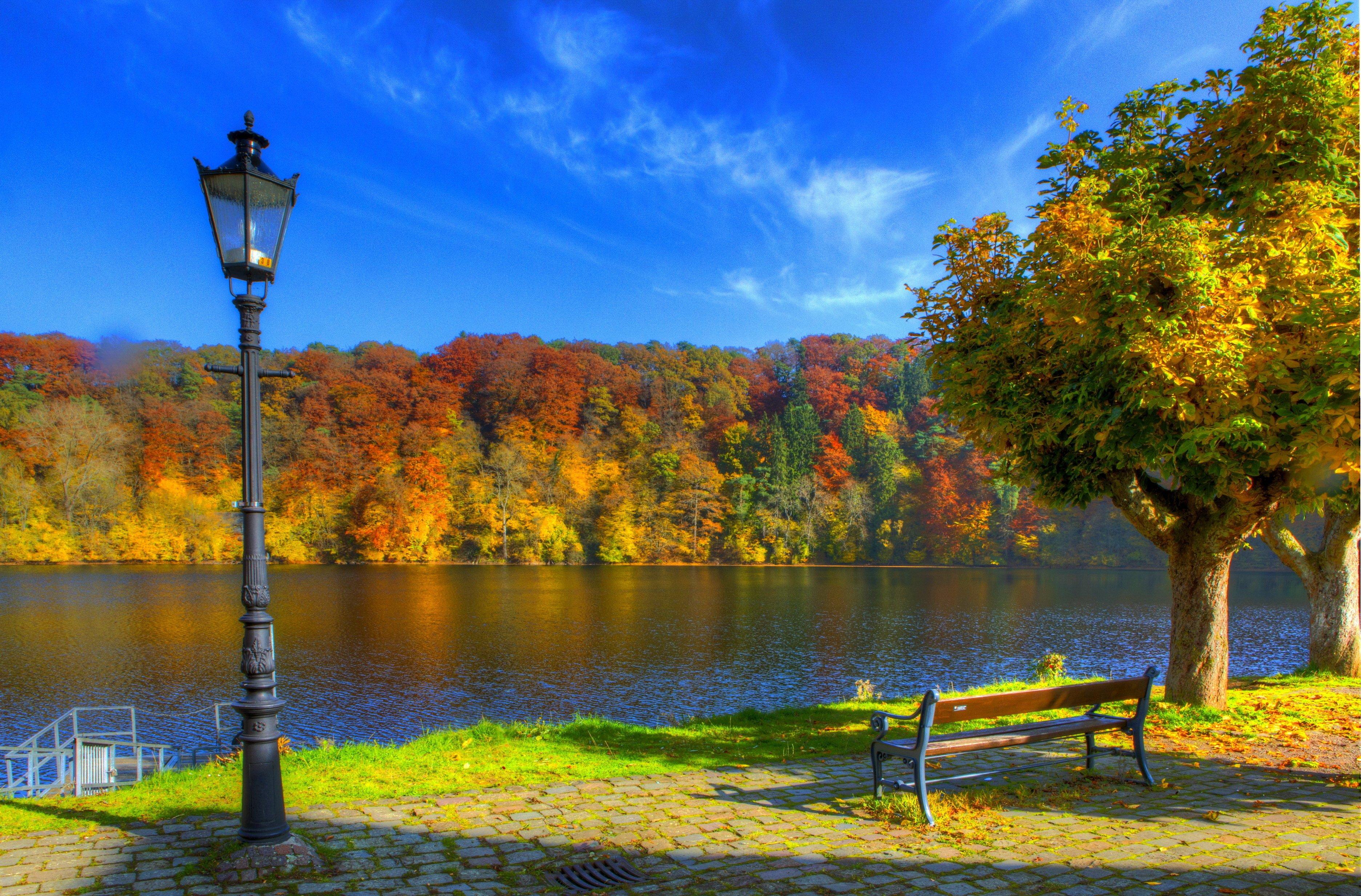 sky, Autumn, Ulm, River, Germany, Bench, Lantern, Lamp, Post