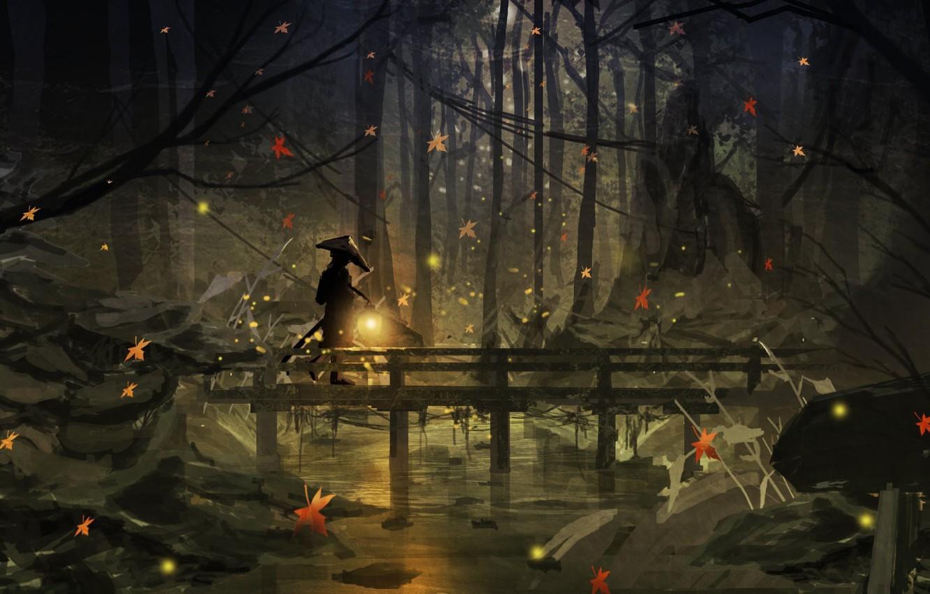 Wallpaper autumn, forest, night, fireflies, people, lantern
