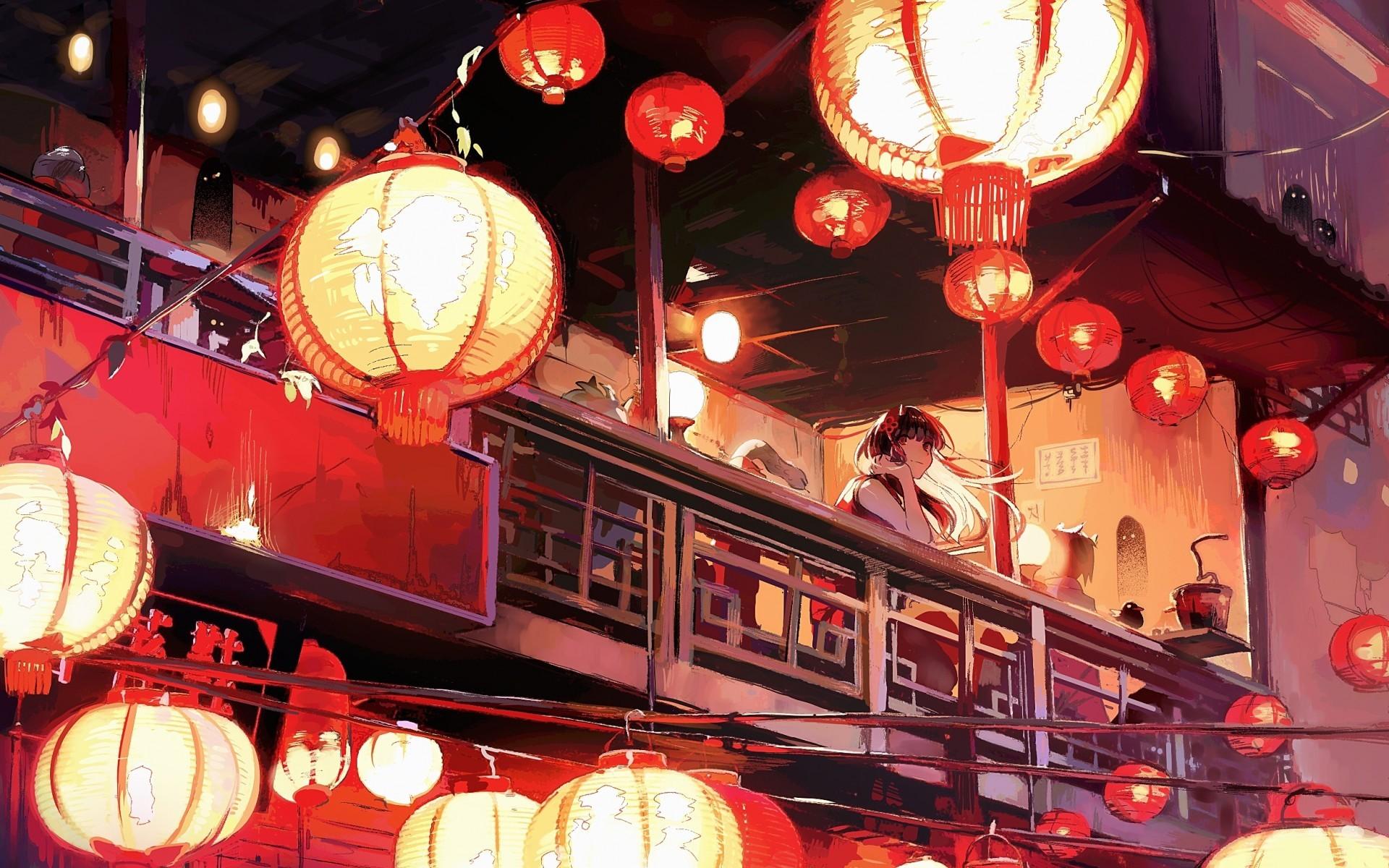 Download 1920x1200 Japanese Building, Anime Girl, Lanterns