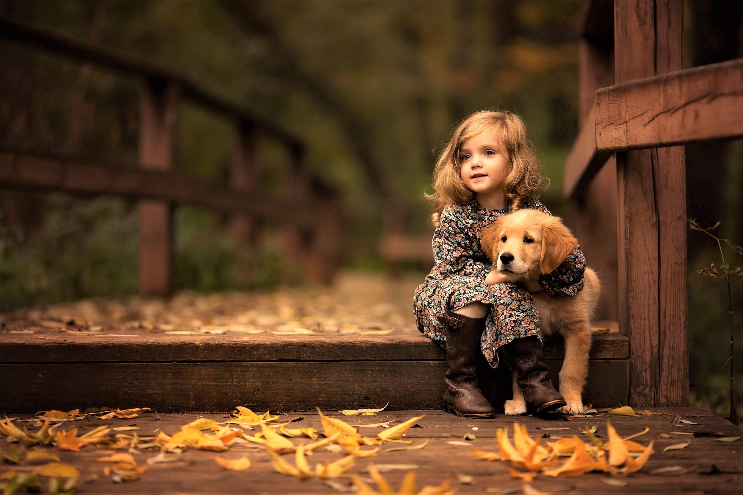 Little Girl With Golden Retriever Puppy, HD Cute, 4k