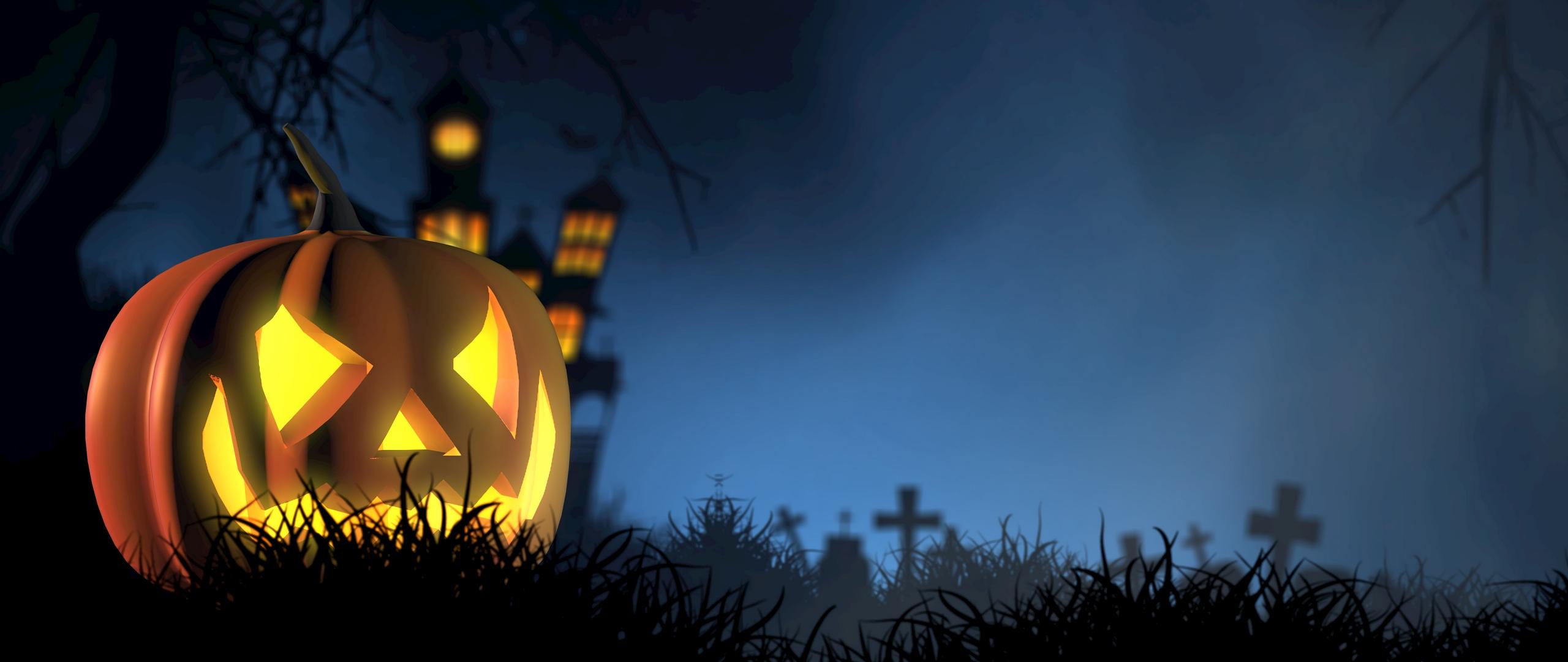 Download wallpaper 2560x1080 halloween, pumpkin, spooky, face, autumn dual wide 1080p HD background