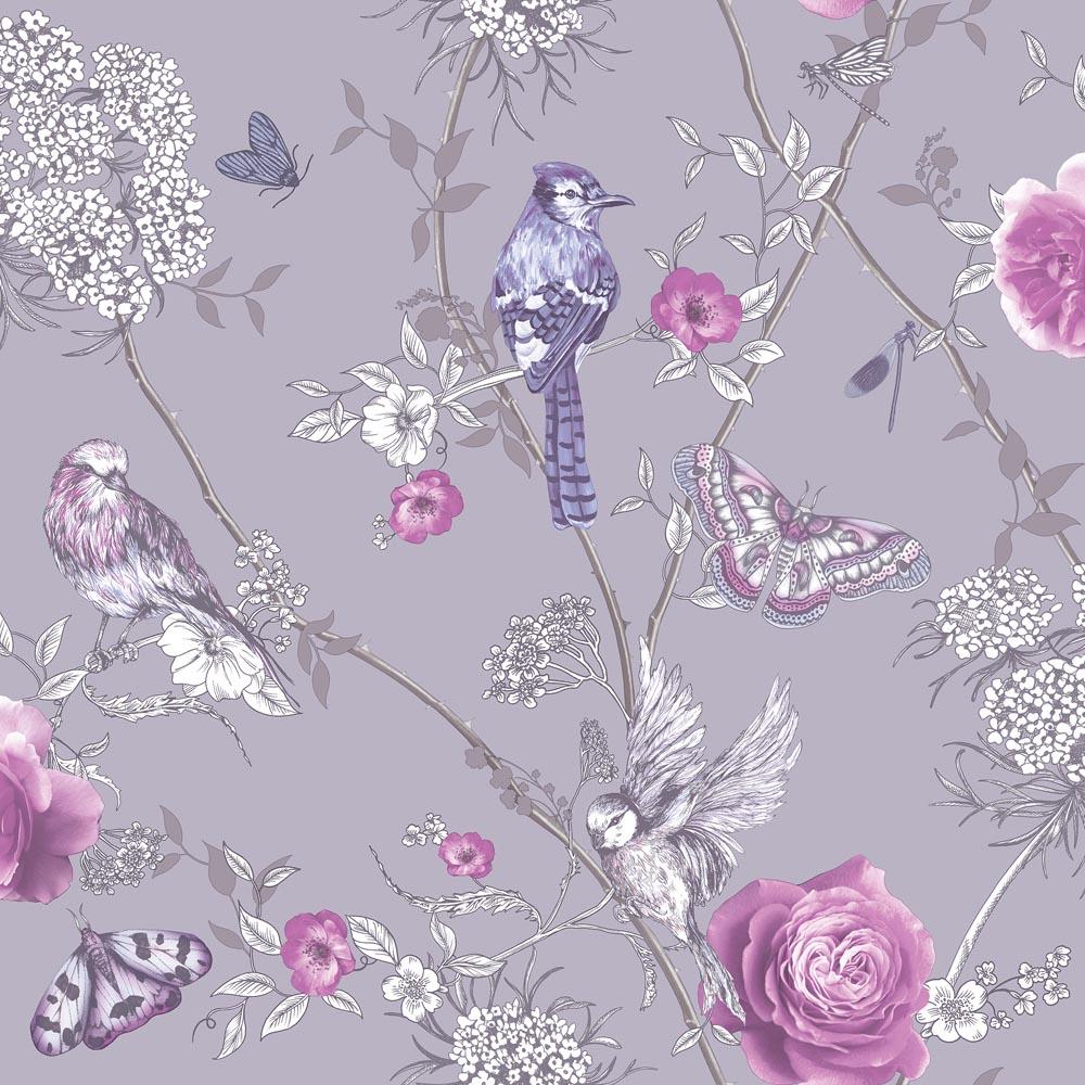 Wallpaper Flower Bird lilac pink Glitter Fantasia 692404
