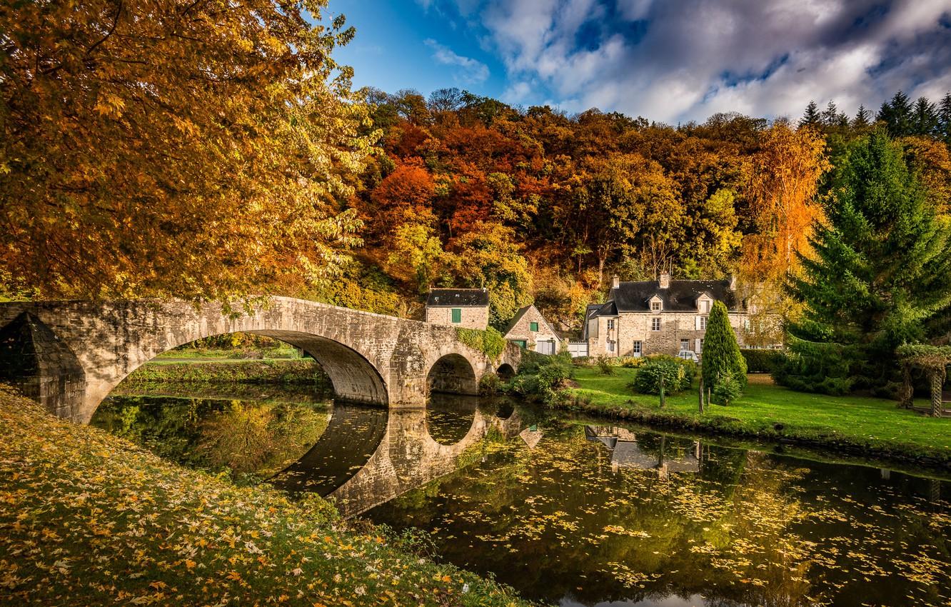 Wallpaper house, river, bridge, autumn, countryside, foliage