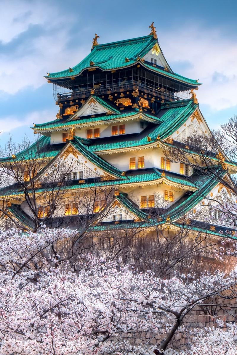Download wallpaper 800x1200 city, japan, temple, sky, spring