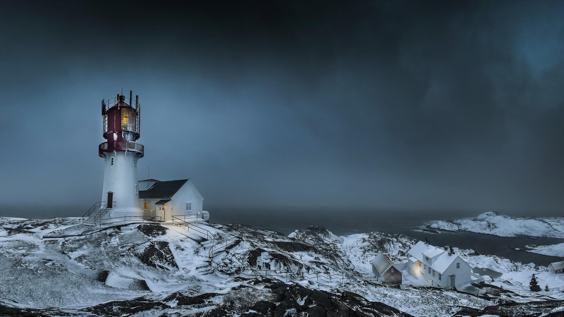 nature, Landscape, Clouds, Trees, Norway, Lighthouse, Winter, Snow, Fence, Rock, Sea, Storm, House, Lights Wallpaper HD / Desktop and Mobile Background