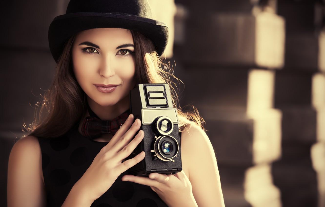 Wallpaper girl, hat, the camera, outfit, girl, dress, hat