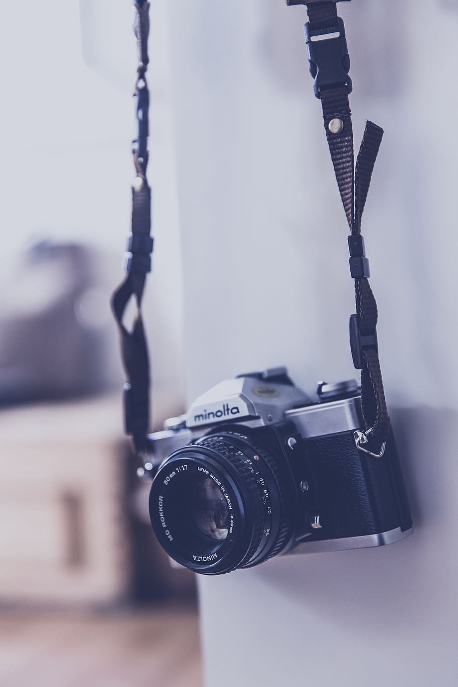 HD wallpaper: hanging black and gray Minolta camera, analog
