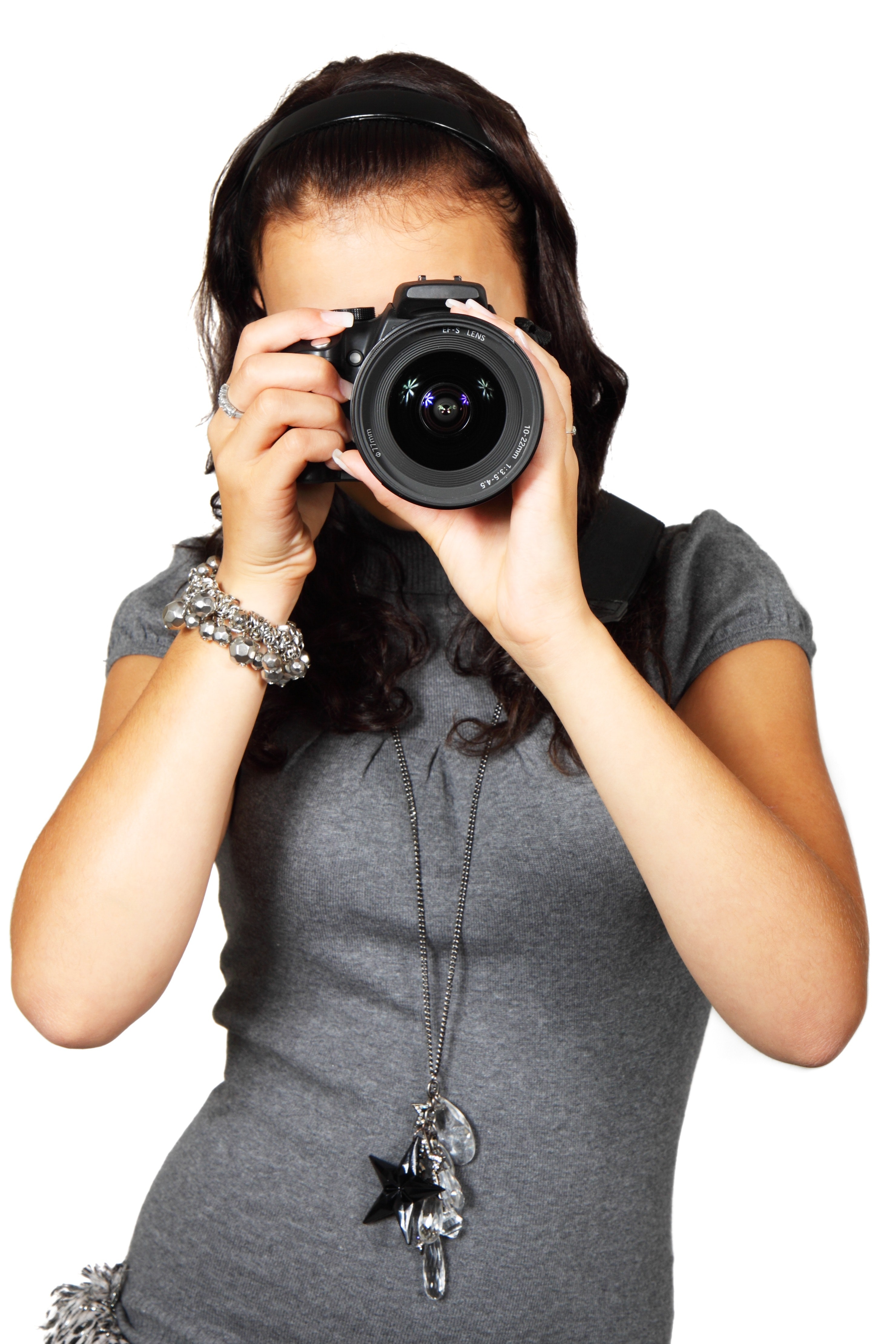 Woman In Grey T Shirt Using Black DSLR Camera · Free