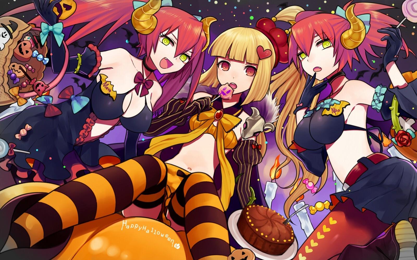 Download Wallpaper, Download blondes halloween candy cleavage skirts horns red eyes short hair thigh highs open mouth anime girls Animals HD Wallpaper, Hi Res Animals Wallpaper, High Definition Wallpaper