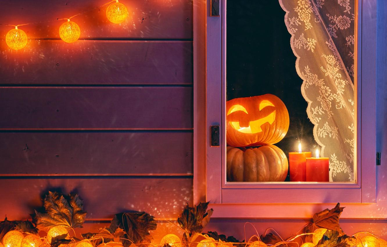 Wallpaper autumn, night, window, Halloween, pumpkin