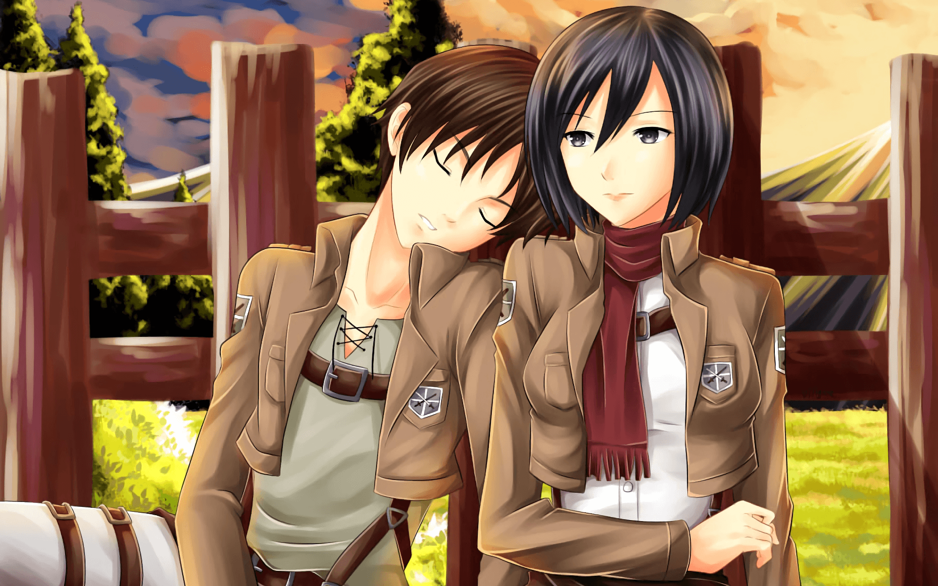levi and mikasa look over the shoulder