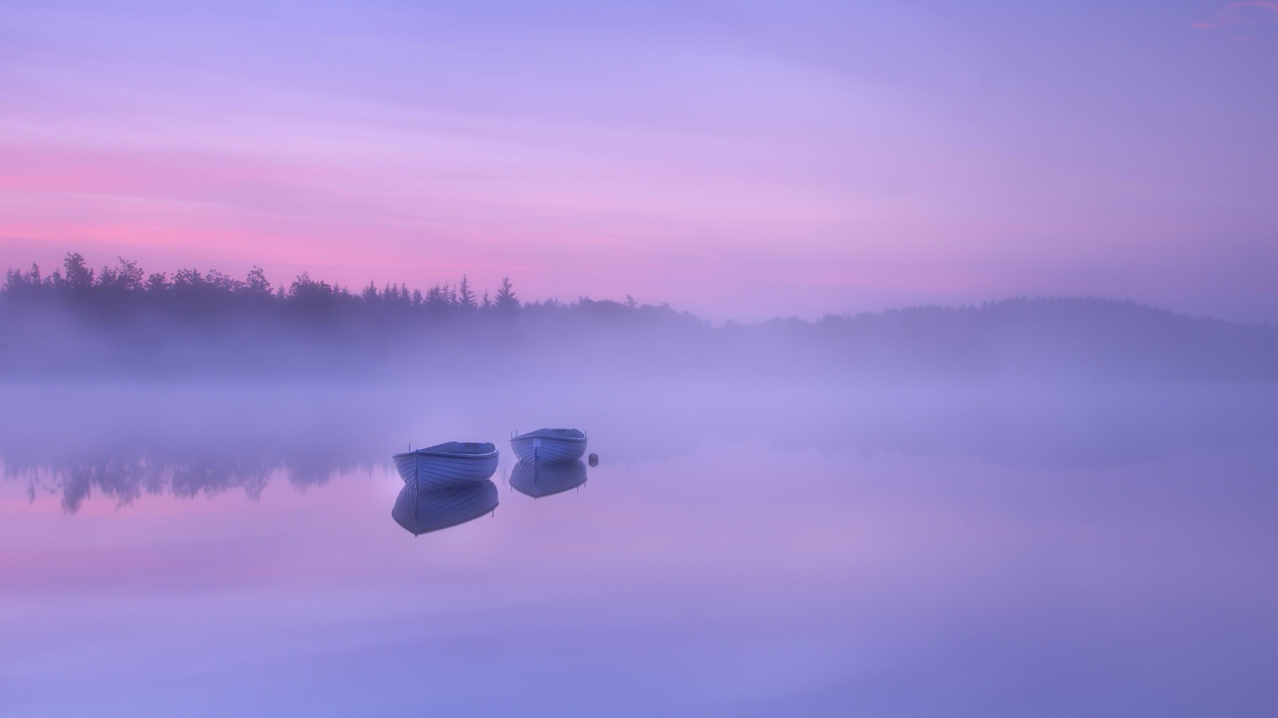 Wallpapers Rowing boats, Morning, Mist, Lake, Loch Rusky