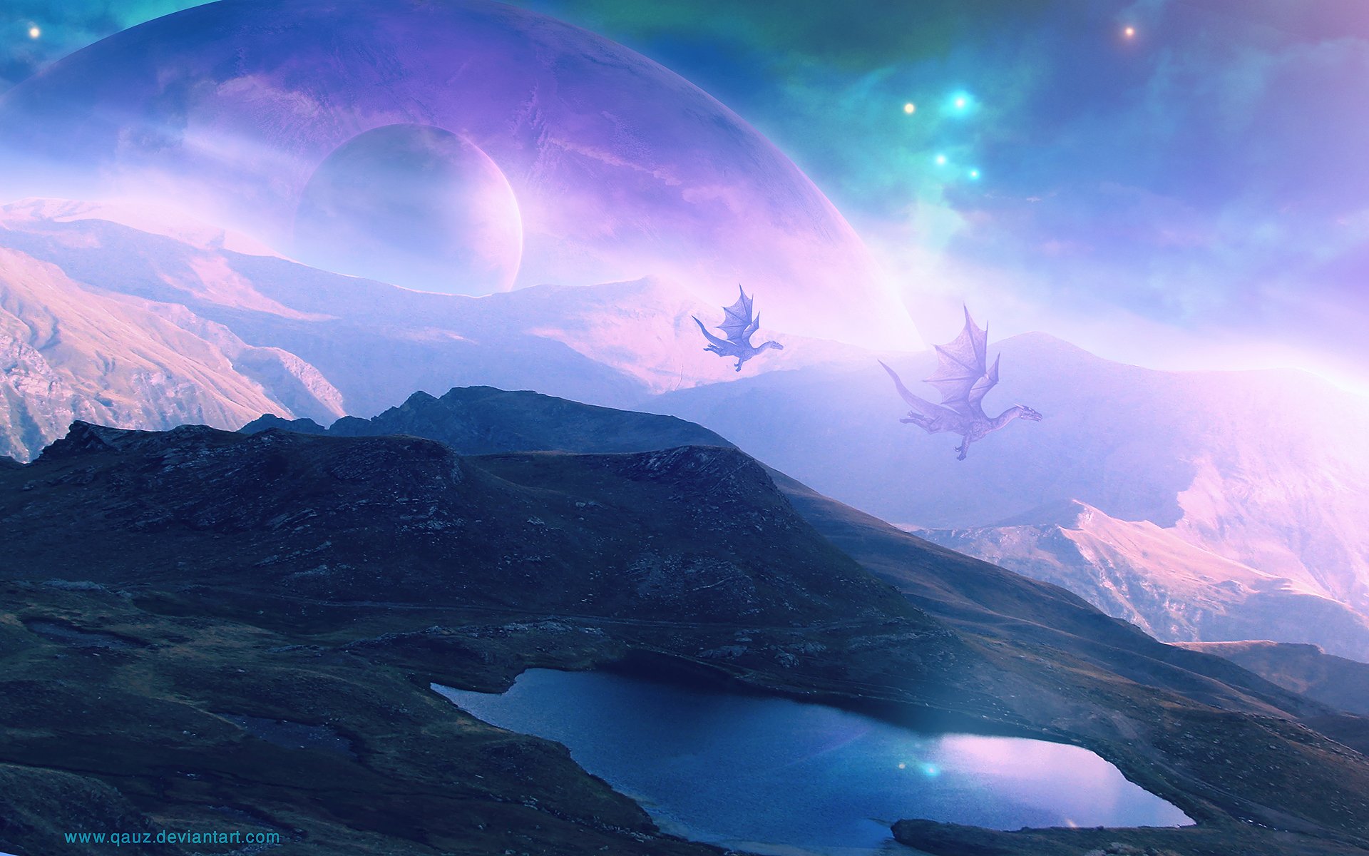 Dragon Purple Landscape Planets fantasy wallpaper