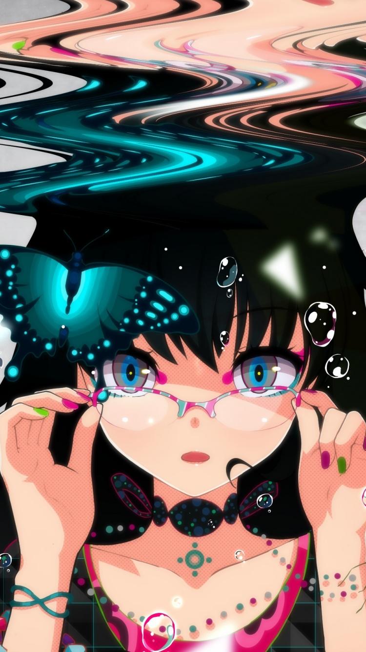Download 750x1334 wallpaper anime girl, glitch art, bubbles