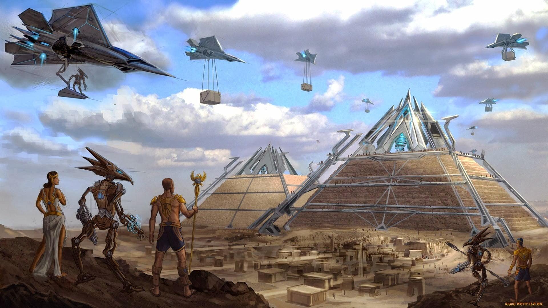Illustration of pyramids and aliens, pyramid, fantasy art