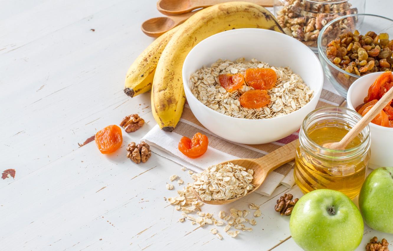 Wallpaper Breakfast, honey, fruit, nuts, yogurt, granola