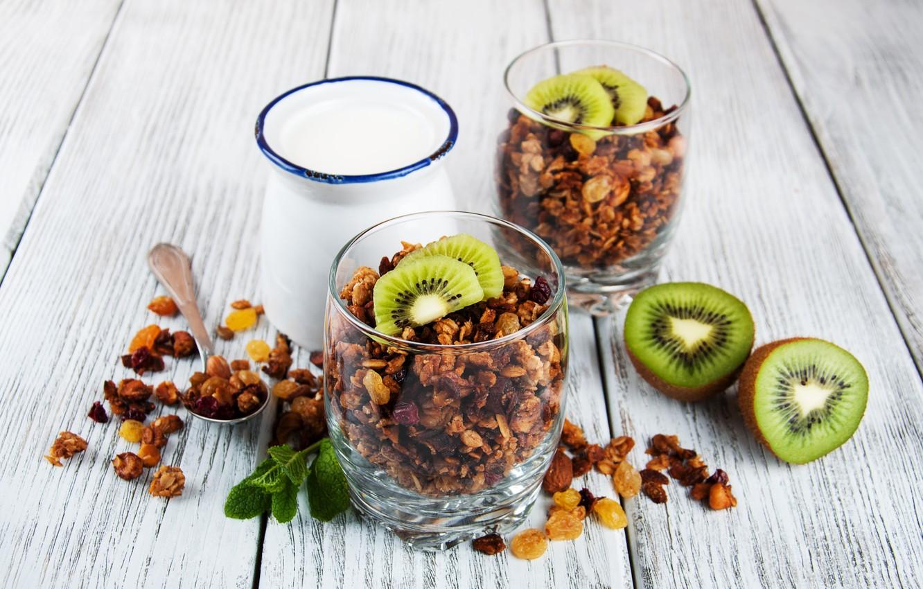 Wallpaper Breakfast, kiwi, nuts, yogurt, granola image