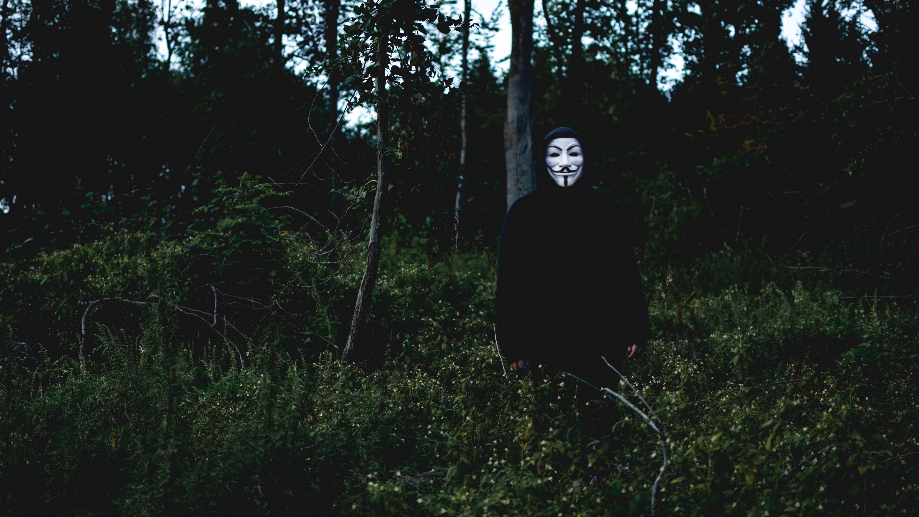 Download wallpaper 3840x2160 mask, man, forest, anonymous 4k