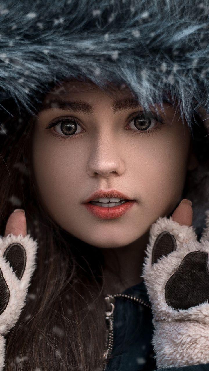 Winter, girl in hood, girl model, 720x1280 wallpaper. Cute girl face, Girl with green eyes, Girl model