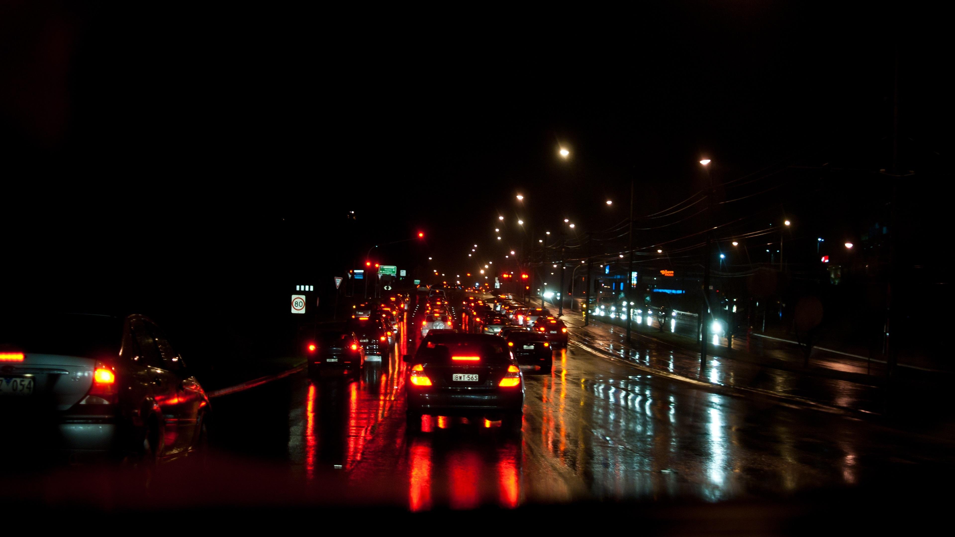 Wallpaper Night, city, road, traffic, trees, lights
