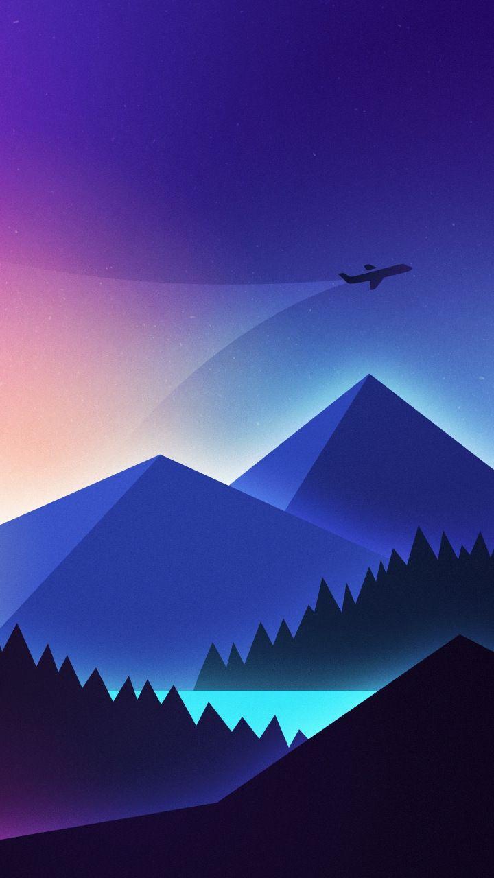 Minimalism, airplane over mountains, gradient, 720x1280
