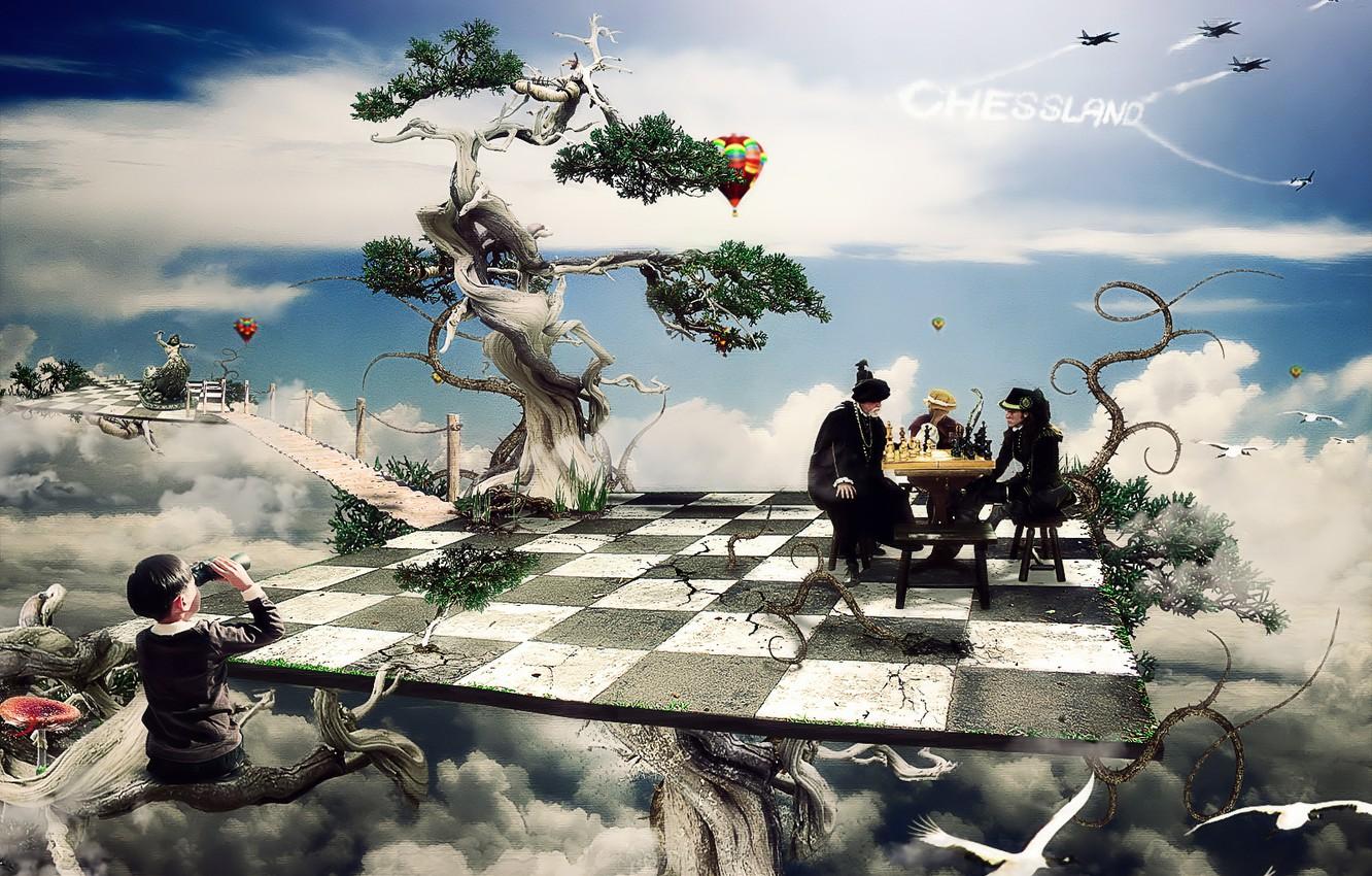 Wallpaper trees, fiction, boy, chess, cells, Board image