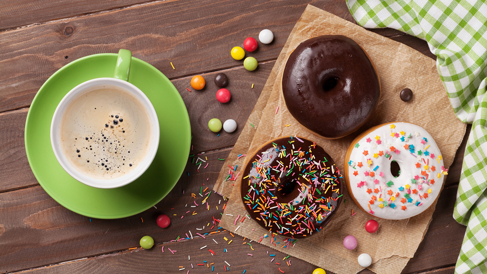 Photo Chocolate Coffee Doughnut Cup Food confectionery 1920x1080