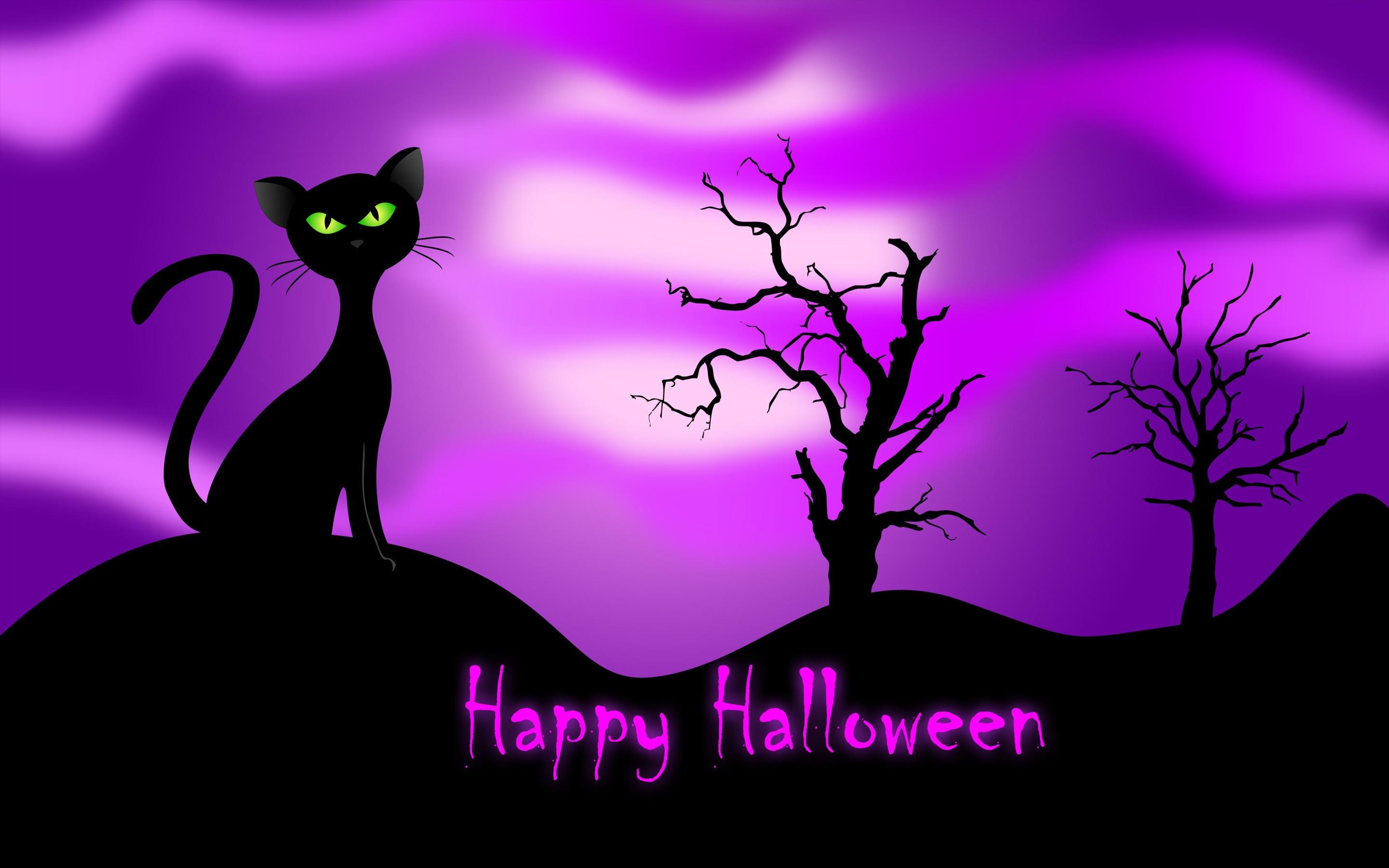 happy halloween trees black cat fall purple HD wallpaper 1579264