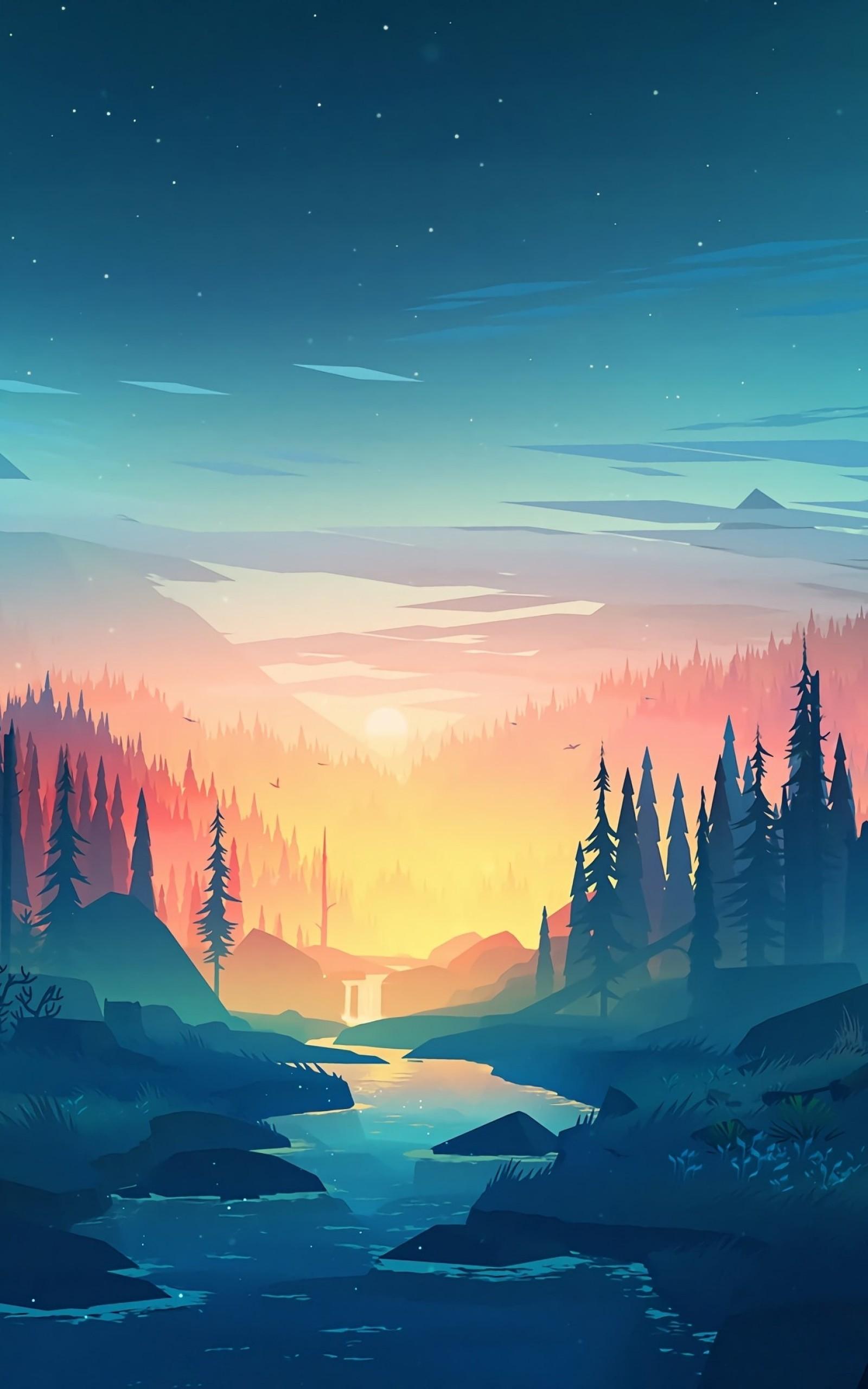 Download 1600x2560 Flat Landscape, Minimalism, Trees, Sunset, River, Artwork Wallpaper for Google Nexus 10