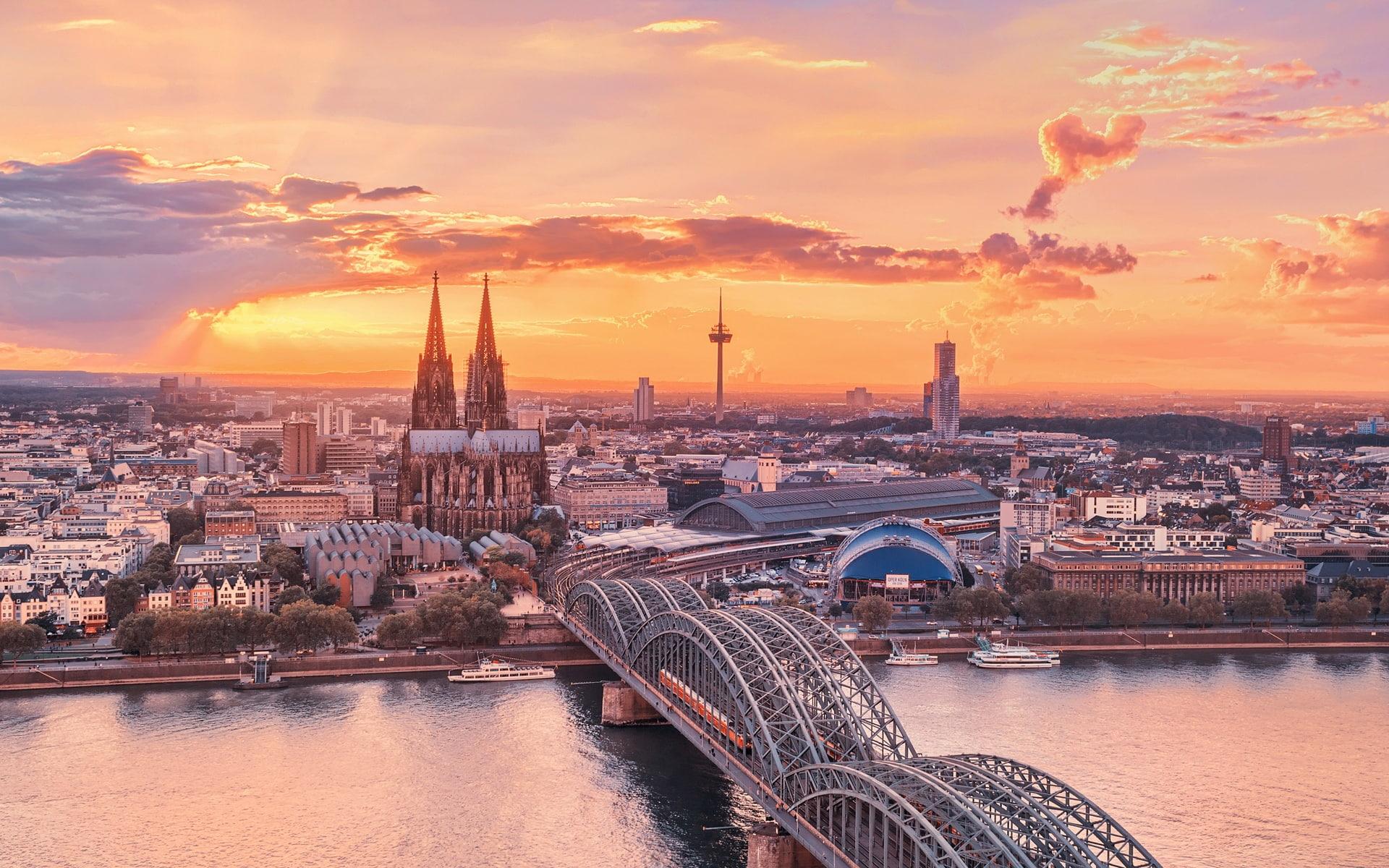 HD wallpaper: Cologne City, sunset, sky, river Rhine