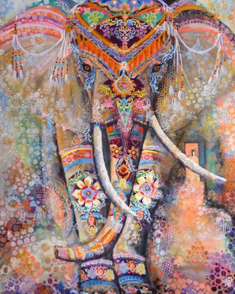 Tribal Watercolor Collage Boho Elephant Wall Fabric Tapestry