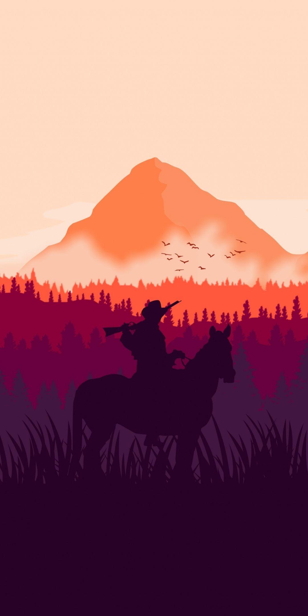 Red Dead Redemption 2, horse ride, silhouette, art, 1080x2160