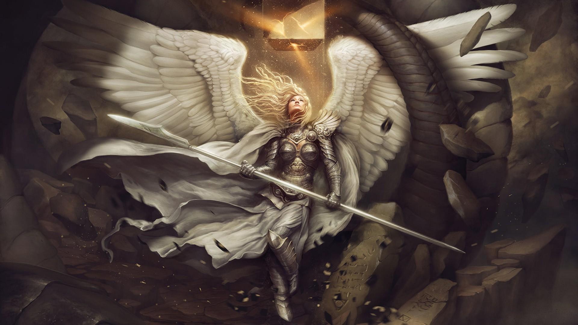 angel, Wings, Artwork, Armor, Spear, Cape, Women, Hery