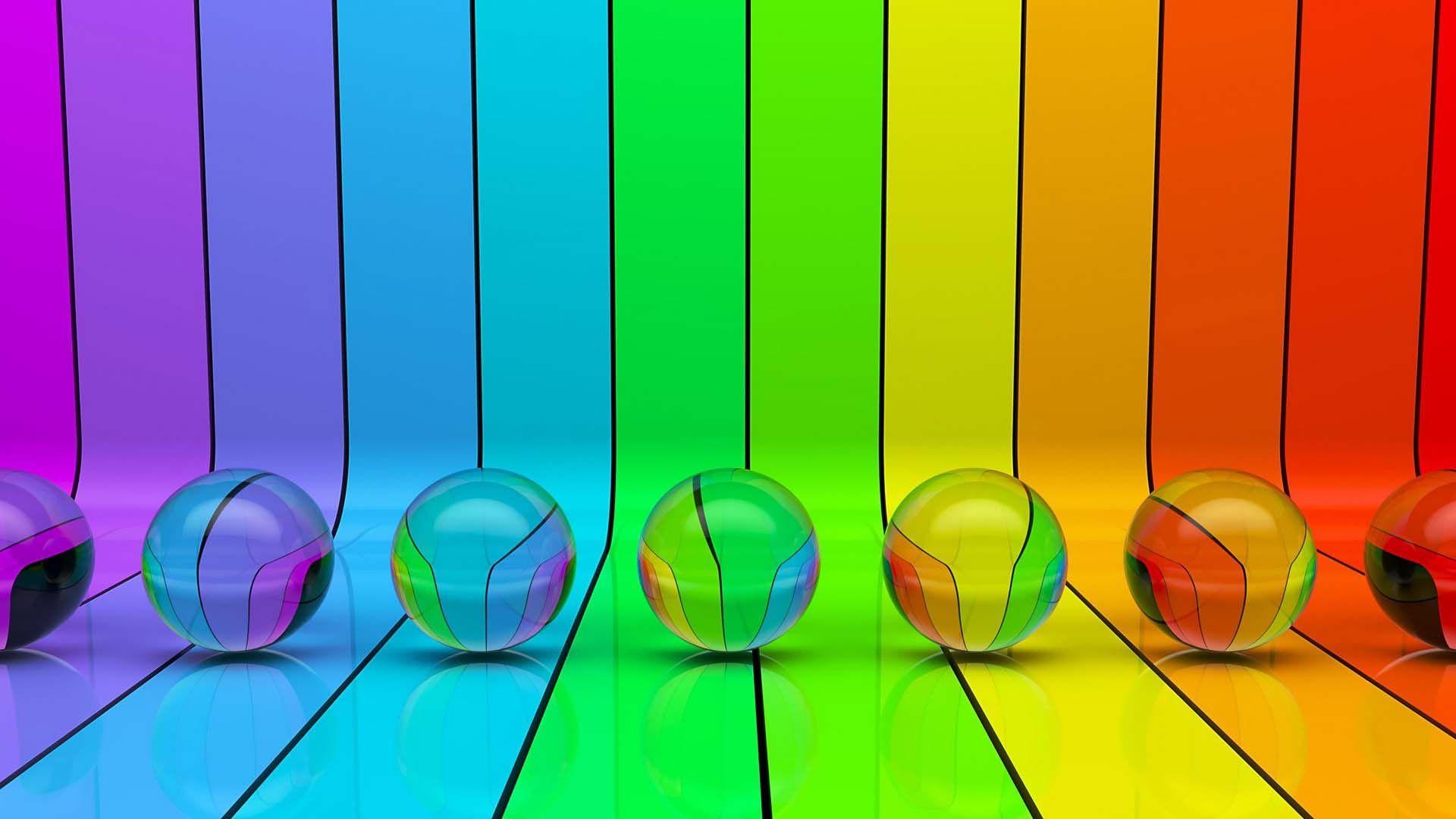 Transparent Spheres On Rainbow Stripes. HD 3D and Abstract