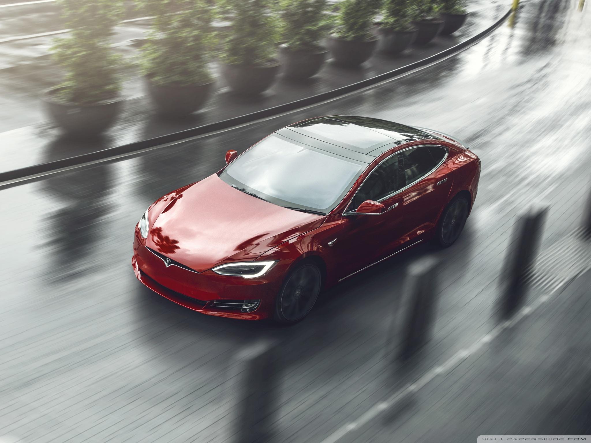 Red Tesla Model S Electric Car, City Curve ❤ 4K HD Desktop