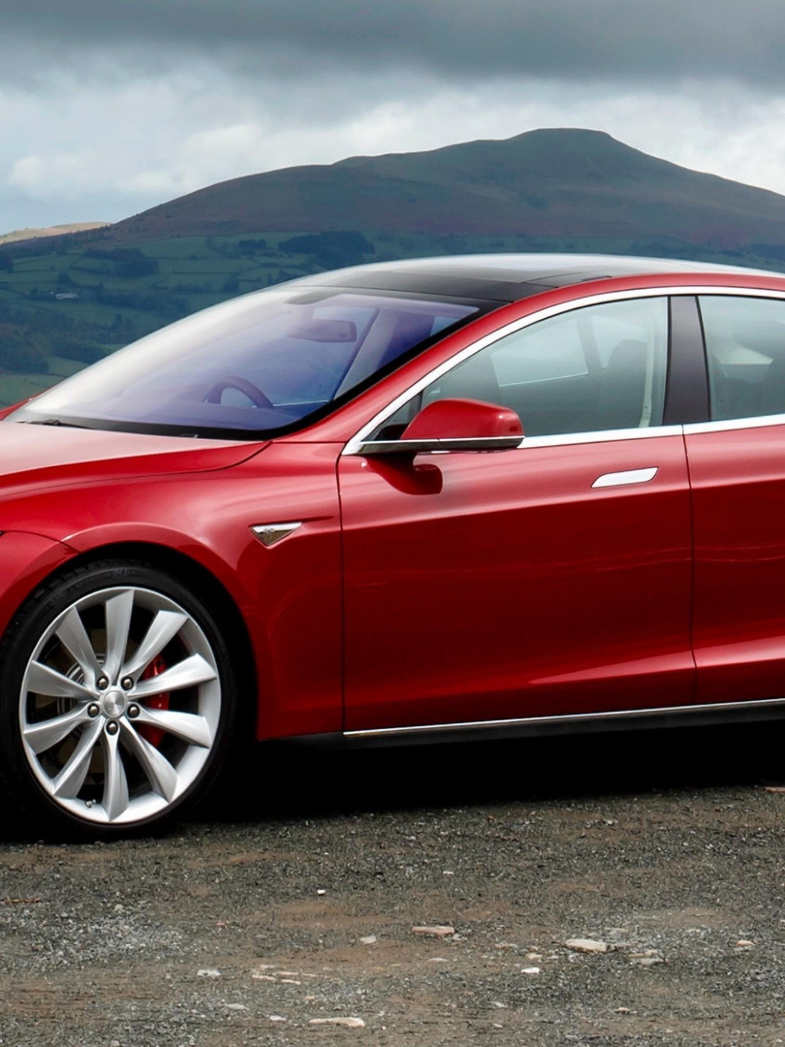 Download 1536x2048 Tesla Model S, Red, Side View, Electric