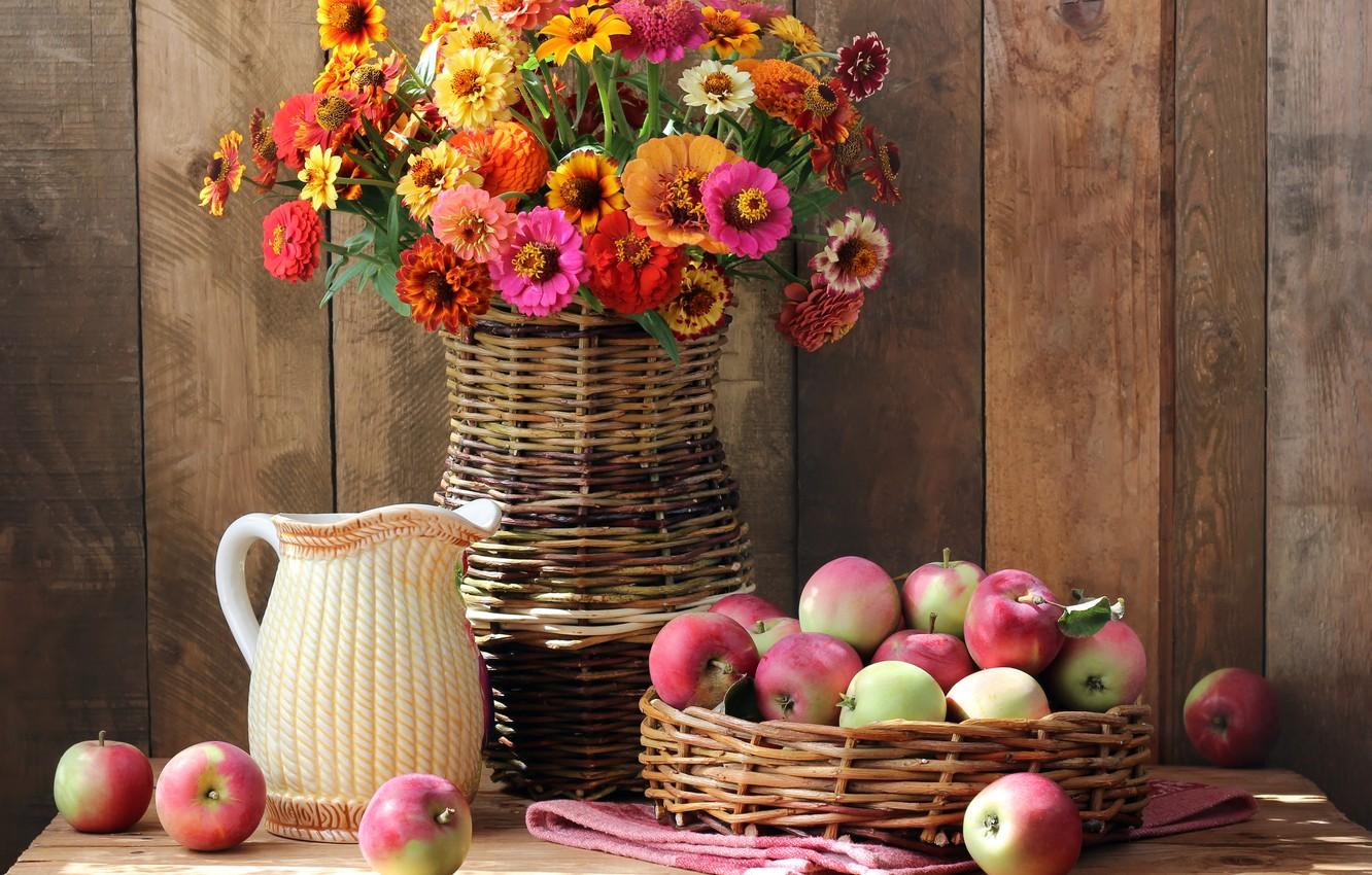 Wallpaper autumn, flowers, apples, bouquet, colorful, fruit