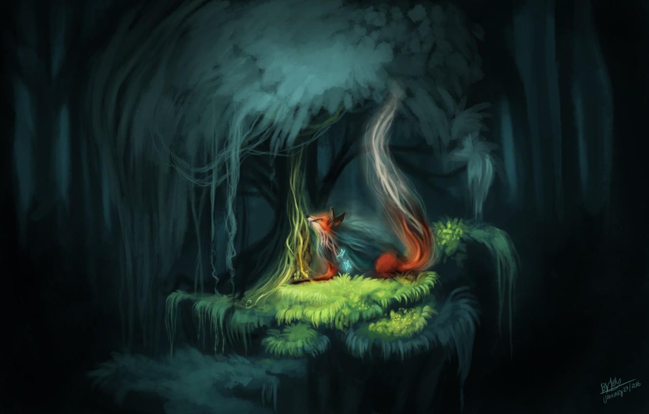 Wallpaper forest, butterfly, nature, fantasy, Fox, by TehChan, the spirit of the forest image for desktop, section живопись