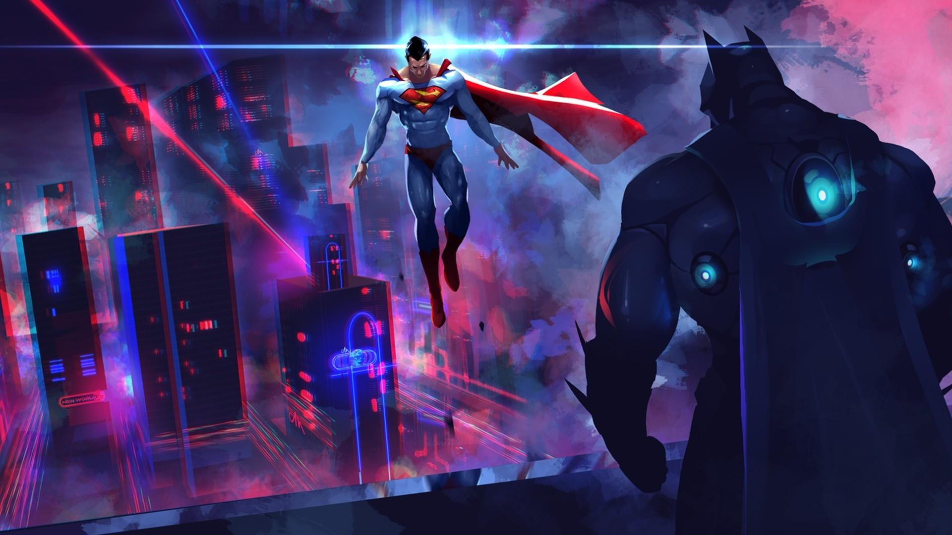 Batman, Superman, DC Comics, Artwork, Neon Light Wallpaper HD / Desktop and Mobile Background