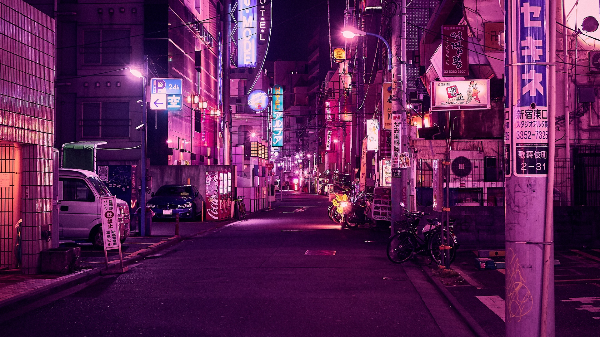 Download wallpaper 1920x1080 street, neon, night city, backlight, purple, tokyo full hd, hdtv, fhd, 1080p HD background