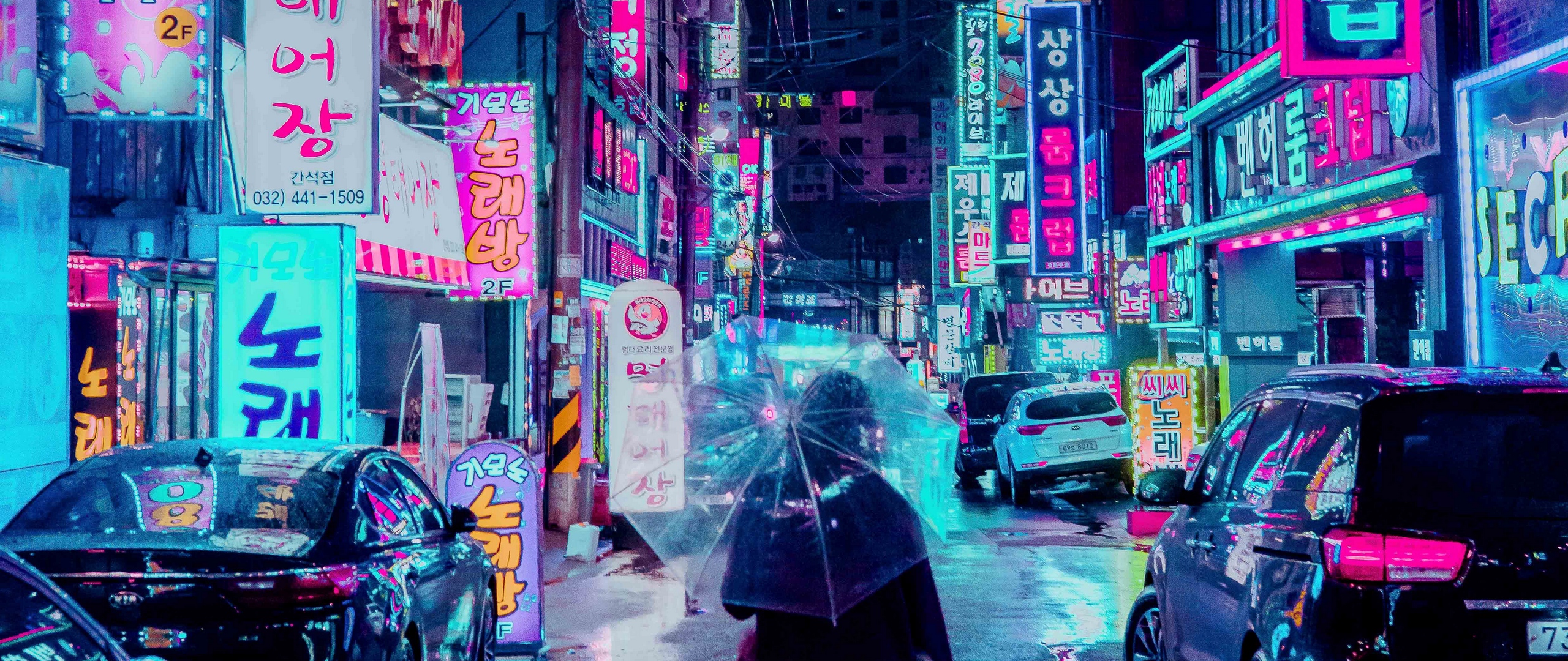 Download wallpaper 2560x1080 night city, street, umbrella